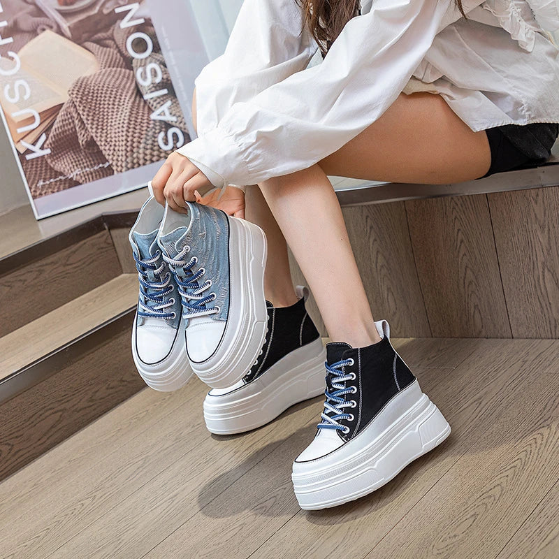 Fujin 8cm Denim Genuine Leather Women Fashion Lace Up Spring Ankle Boots Platform Wedge Lady Autumn Fashion Zip High Brand Shoes