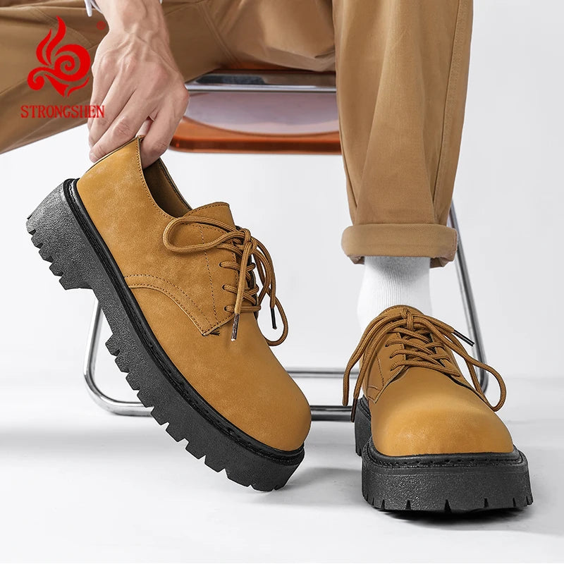 STRONGSHEN Men Casual Shoes Thick Soled Leather Shoes Men Round Toe Yellow New Fashion Elegant Non-slip Lace up Leather Shoes