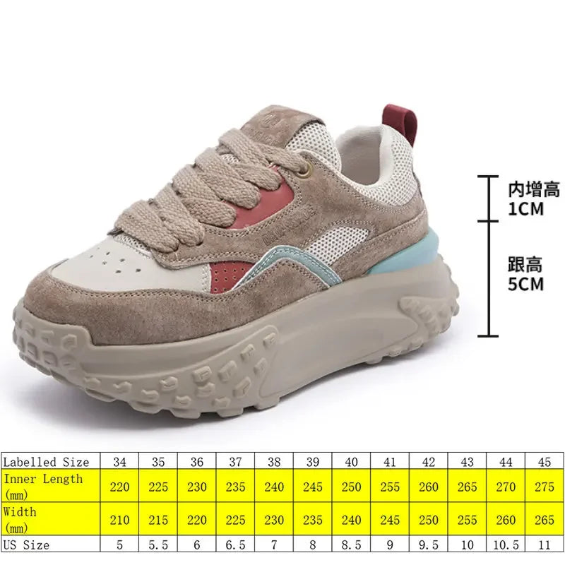 Fujin 6cm Genuine Leather Platform Mesh Breathable Sneakers Chunky Hidden Heel Mixed Color Women Autumn Spring Vulcanize Shoes