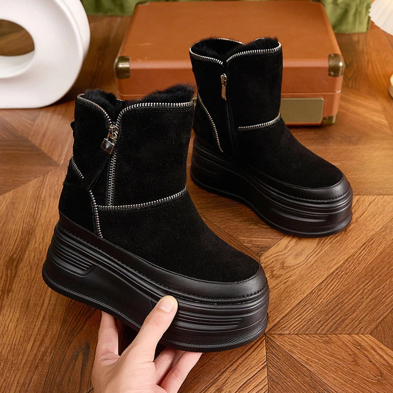 AUTUSPIN 7cm Platform Thick Bottom Snow Boots Women Winter Warm Plush Ladies Ankle Boot Suede Genuine Leather Female Shoes Woman