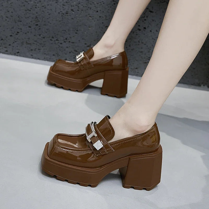 AUTUSPIN 9cm High Thick Heels Mary Janes Shoes Women Fashion Crystal Woman Pumps Patent Leather Shallow Female Platform Shoes