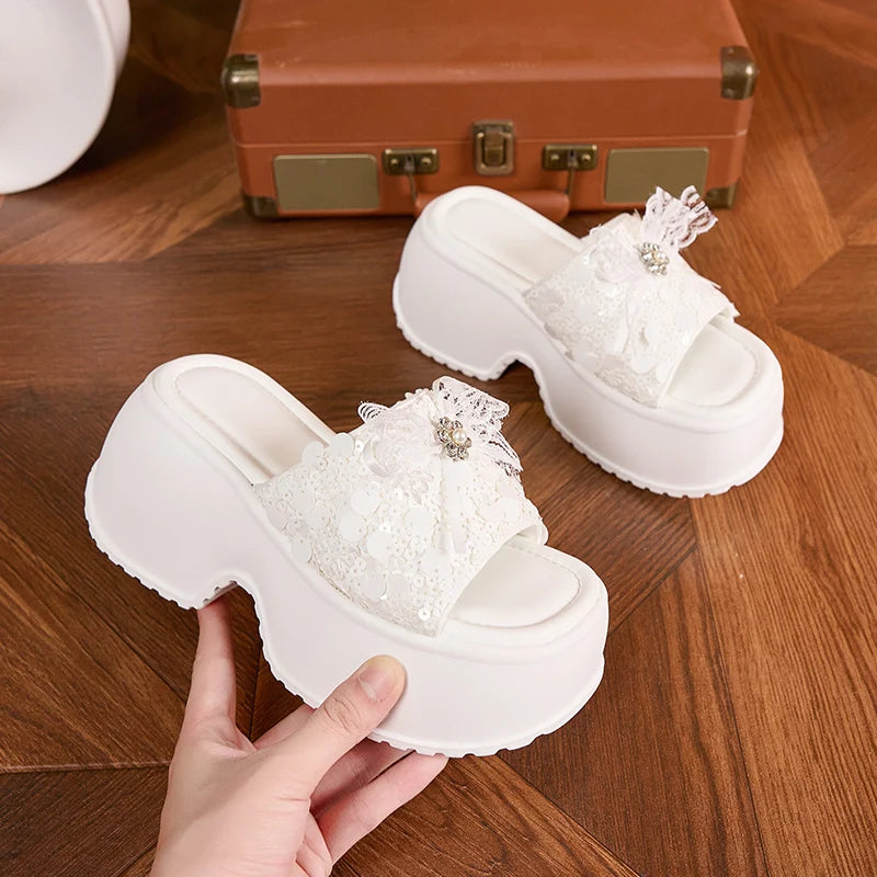 AUTUSPIN 8cm Bling Slippers Summer White Shoes Women Outdoor Sequined Cloth Ladies Shoes High Wedges Heels Slides Woman 34-39
