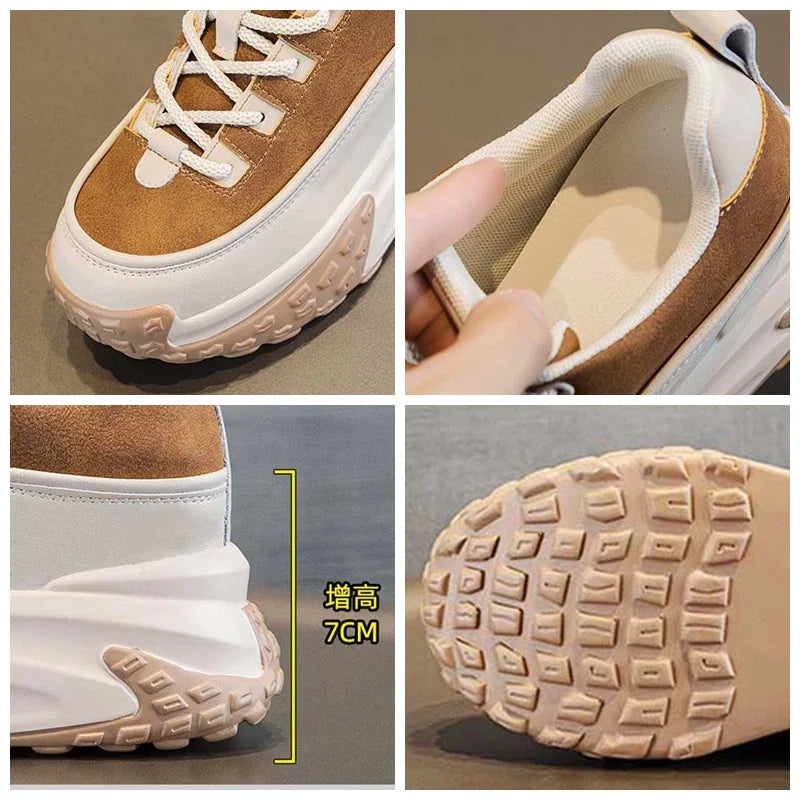 Fujin 7cm Suede Genuine Leather Platform Wedge Chunky Sneakers Spring Leisure Women Vulcanize Thick Bottom Winter Plush Shoes