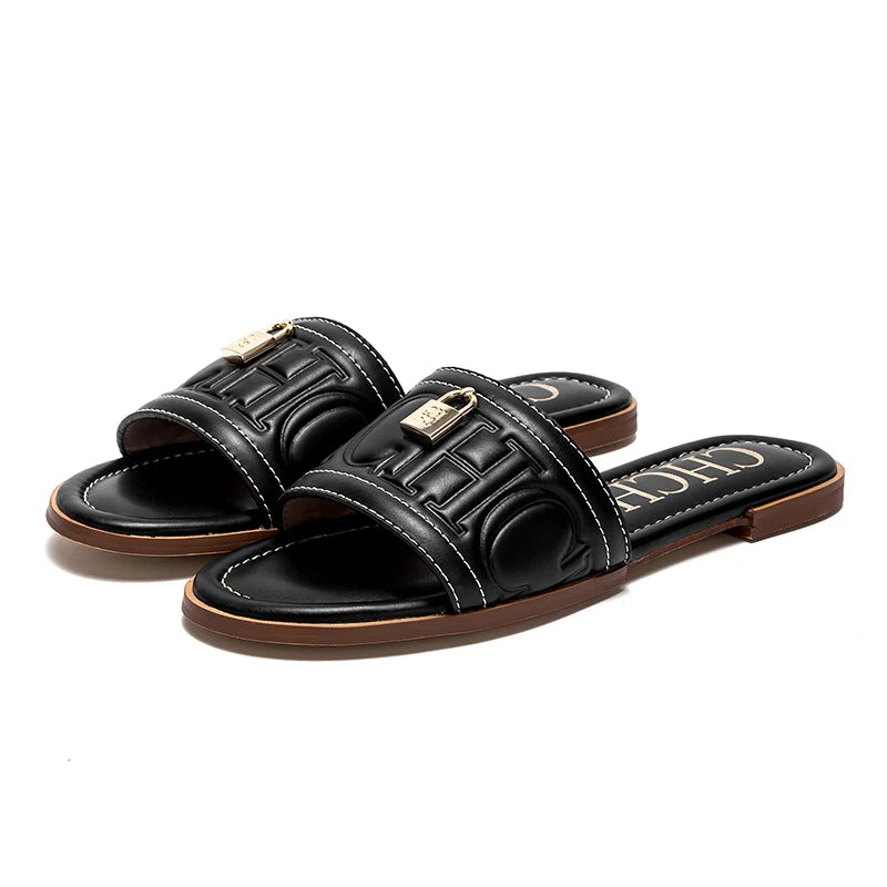 Slippers Car Stitching Luxury Brand Women's Shoes Black Flat Metal Buckle Home Outdoor Casual Slippers