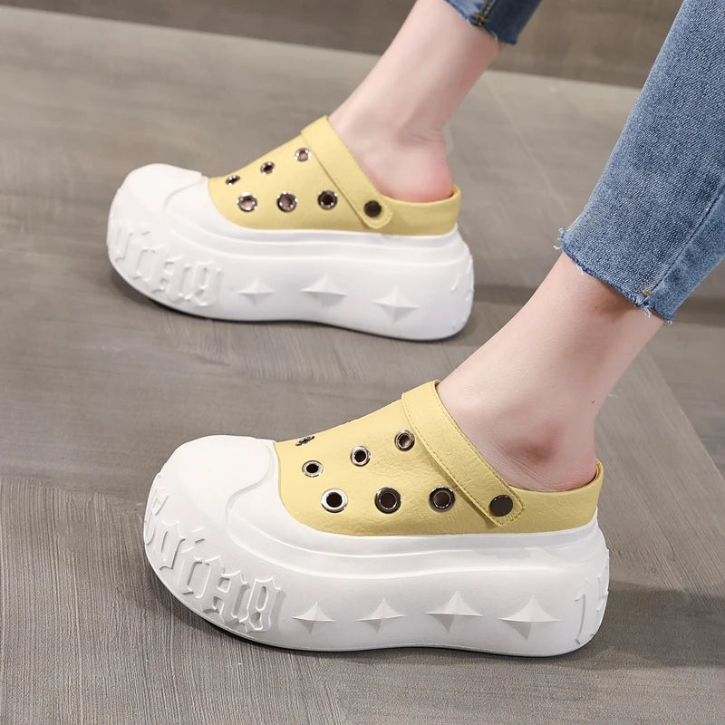 AUTUSPIN Summer Hollow Sandals for Women Fashion Design Female Soft Leather Mules Shoes Ladies Beach Platform Chunky Slippers