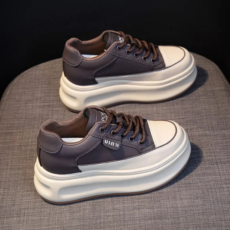 Fujin 8cm Cow Genuine Leather Comfy Breathable Skate Board Platform Wedge Sneakers Vulcanized Chunky Hidden Heel Block Shoes