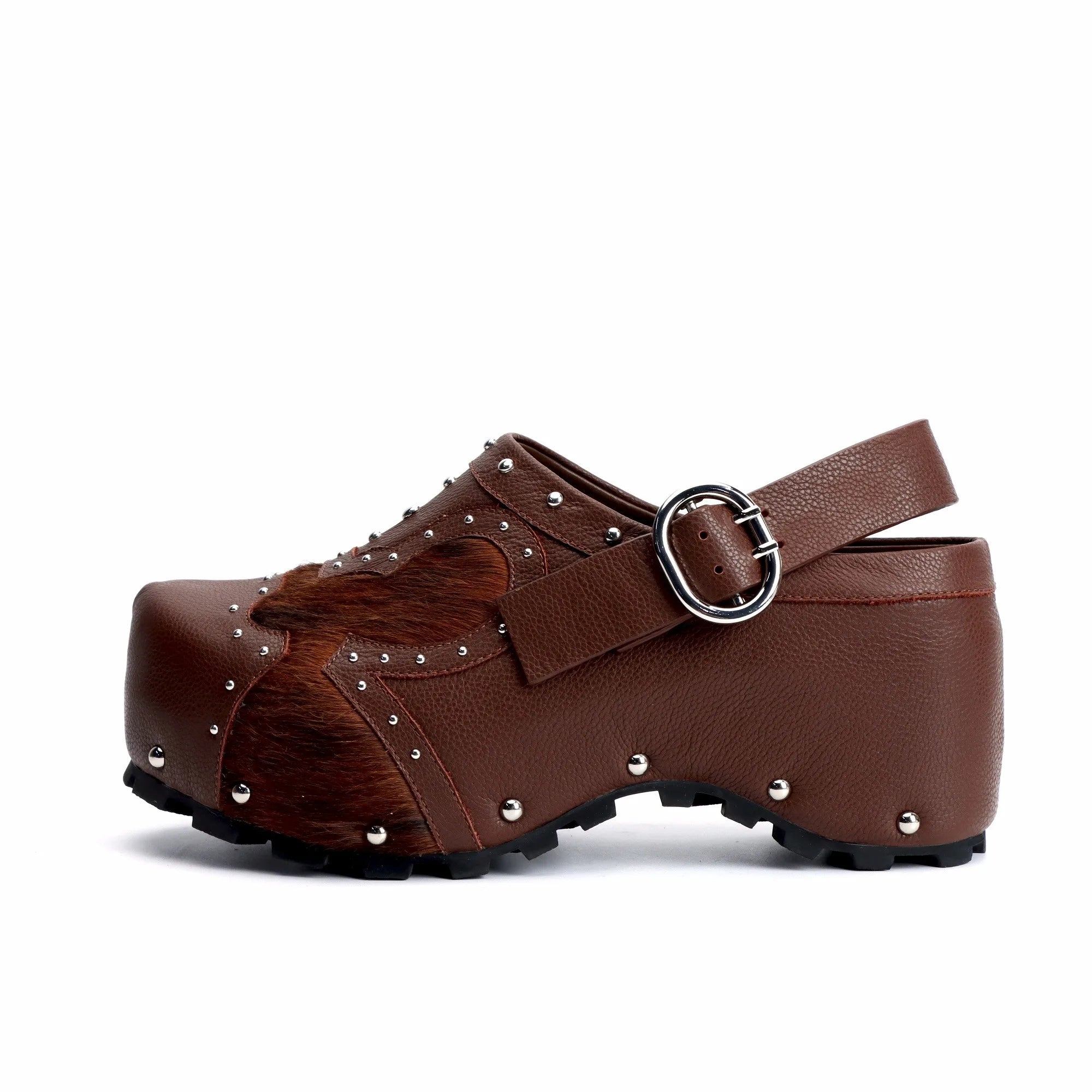 Luxury Studded Platform Clogs Sandals Cowhide Calf Hair Upper Leather Lined with Arch Support Slip-On Wide Fit Anti-Slip Outsole