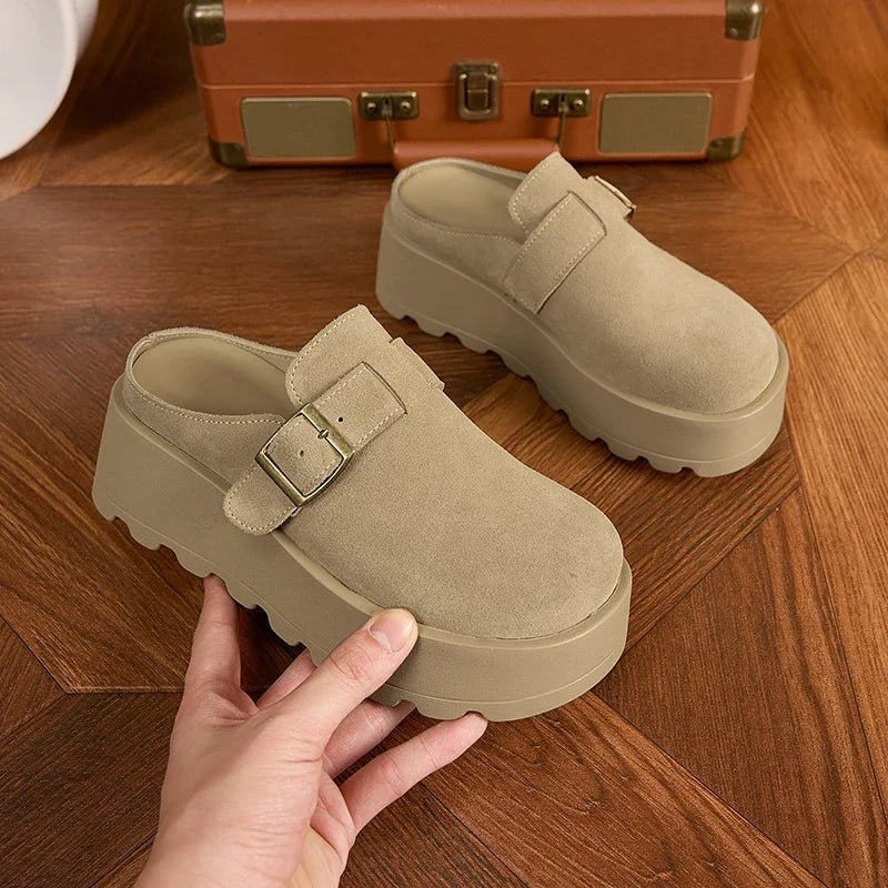 AUTUSPIN Fashion Suede Leather Slippers Women Leisure Buckle Mules Shoes Spring Summer Thick Platform Woman Round Toe Slides