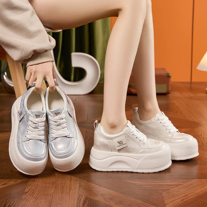 AUTUSPIN 7cm Retro Skateboarding Shoes Women Summer New Arrival Synthetic Leather Sports Sneakers Leisure Platform Walking Shoes