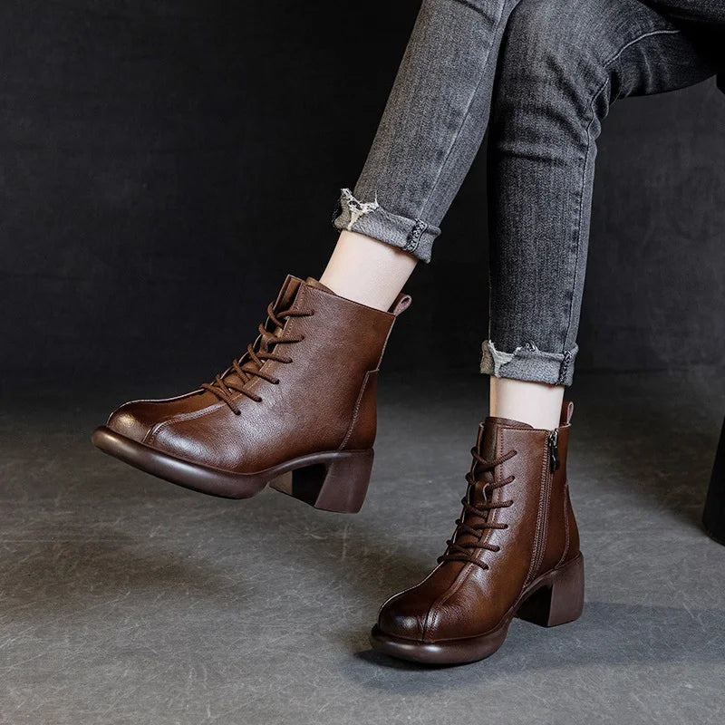 DRKANOL Women Thick Heel Ankle Boots Winter Plush Warm Casual Short Boots Ladies Real Cowhide Retro Style Zipper High Top Shoes