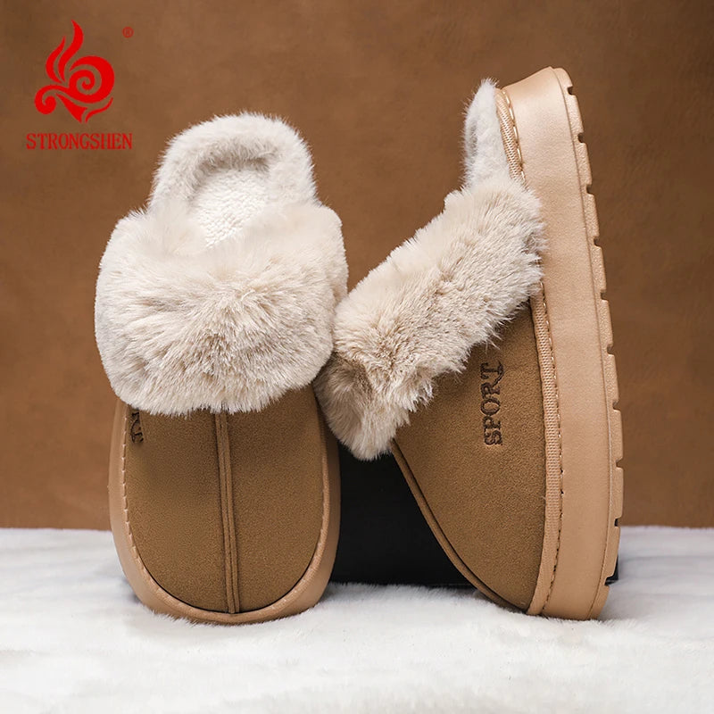 STRONGSHEN Men Fluffy Slippers Thick Sole Winter Warm Shoes For Couples Soft Fur Keep Warm Female Outdoor Fur Fuzzy Flat Shoes