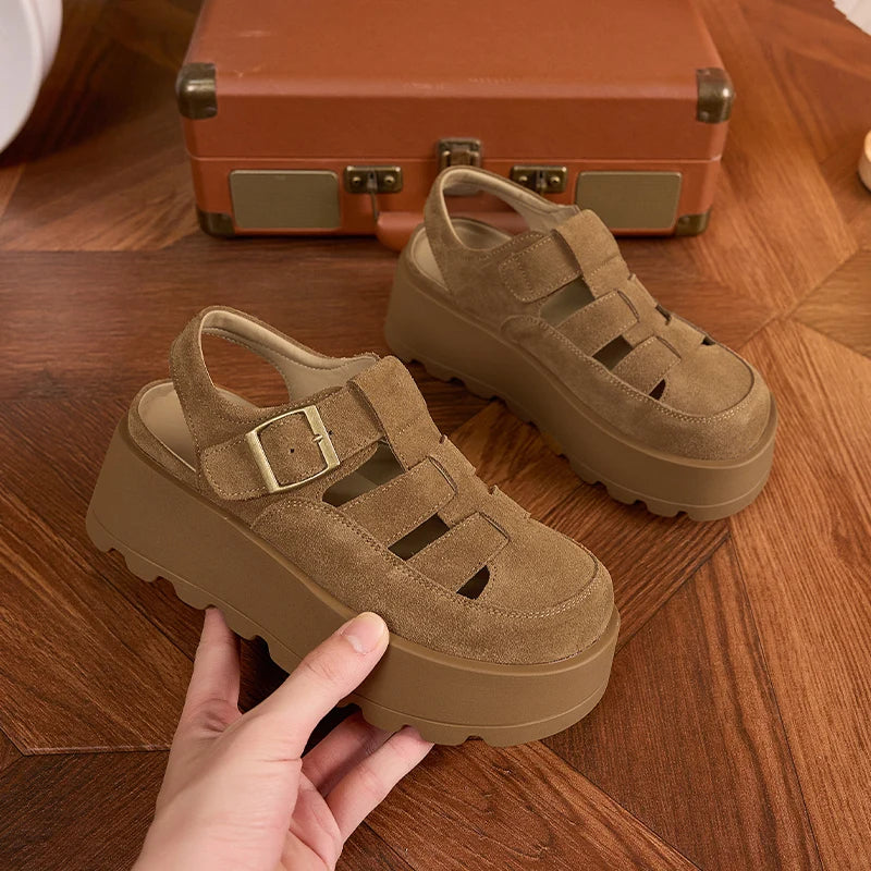 AUTUSPIN 7cm Women Wedges High Heels Fashion Thick Platform Woman Sandals Suede Leather Ladie Summer Shoes Beach Chunky Slippers
