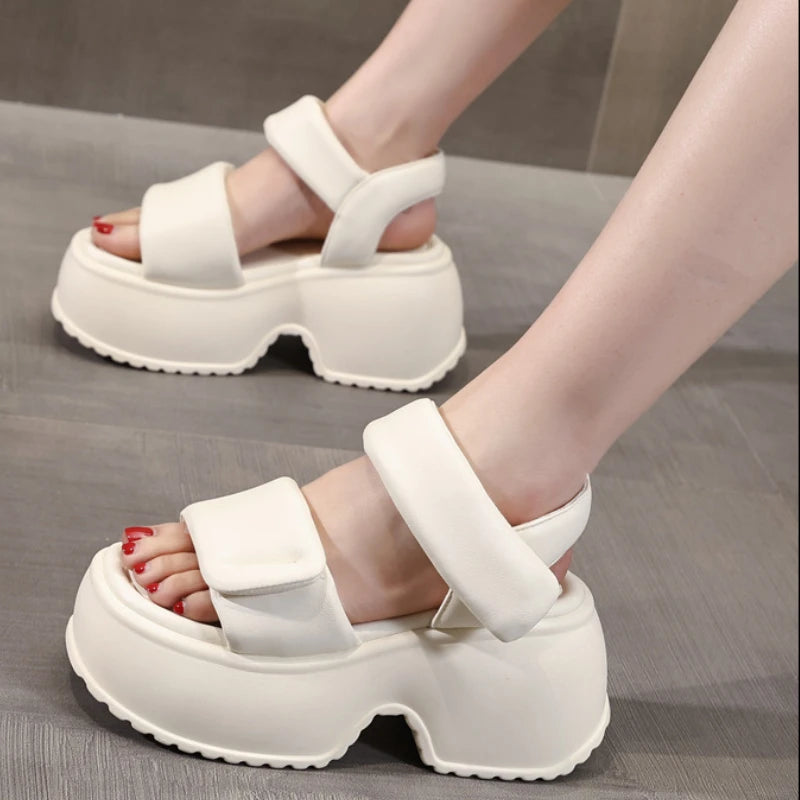 Fujin 8.5cm Platform Wedge Retro British Women Fashion Mules Ins Hot Sell Microfiber Leather Weave Sandals Ladies Shoes Summer