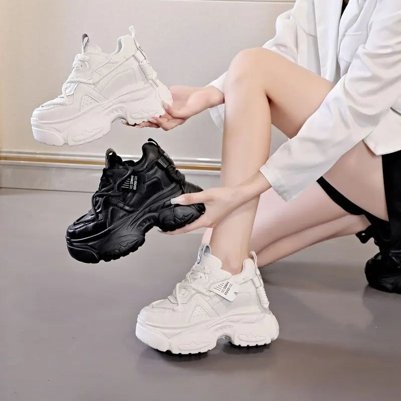 Fujin 10cm Women Lace Up Chunky Sneakers Fashion Spring Autumn Stable High Platform Ladies Vulcanize Cow Genuine Leather Shoes