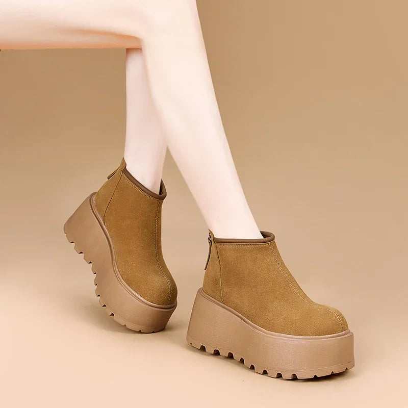 AUTUSPIN Outdoor Snow Boots Fot Women High Platform Concise Round Toe Warm Shoes Winter Flats Chunky Suede Leather Ankle Boot
