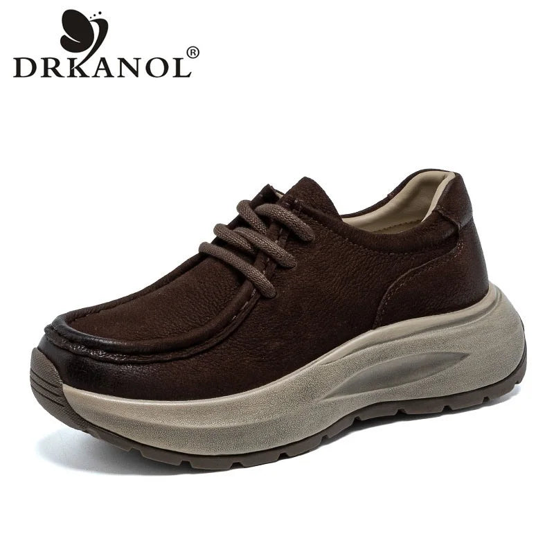 DRKANOL 2025 Women Casual Sneakers Thick Sole Chunky Platform Wedges Heel Genuine Cow Leather Lace-Up Handmade Retro Shoes H9628