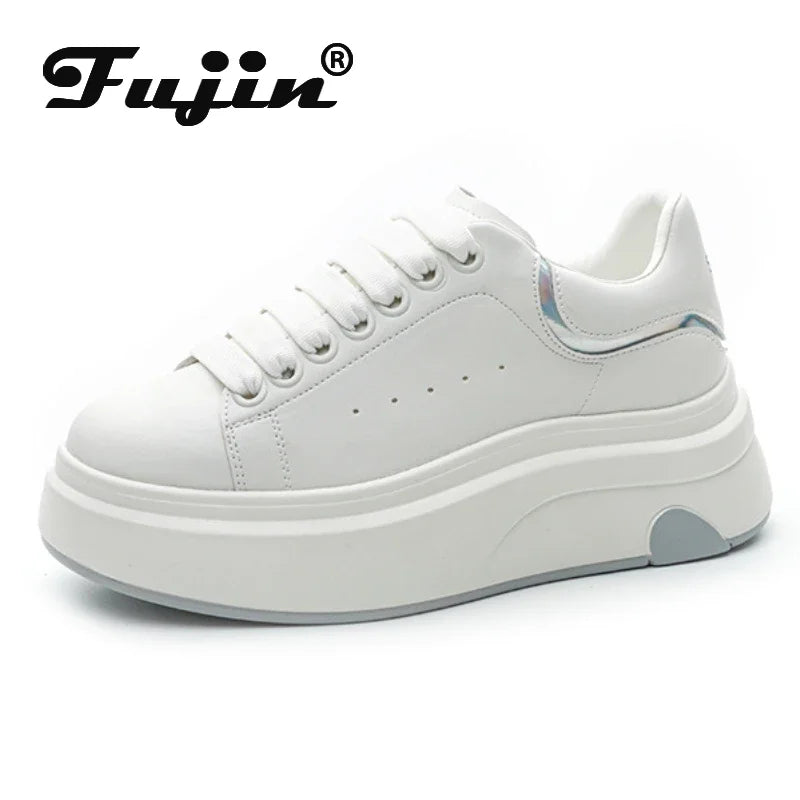 Fujin 6cm Microfiber Leather Boots Spring Women Fashion Chunky Sneaker Vulcanize Autumn Motorcycle Platform Wedge Flats Shoes