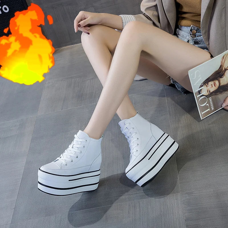 Fujin Women's High Top Sneakers Casual Leather Lace up Boots Sneakers For Woman Spring Autumn Shoes High Heels Sneaker Shoes