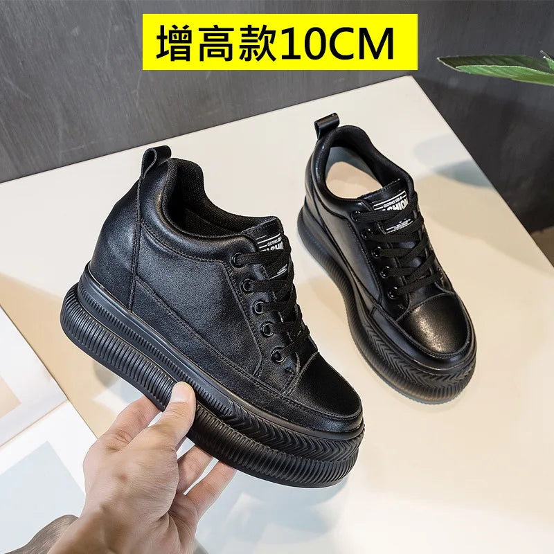 Fujin 10cm Full Cow Genuine Leather Women Shoes Platform Wedge Sneakers White Shoes Hidden Heel Spring Autumn Summer Shoes