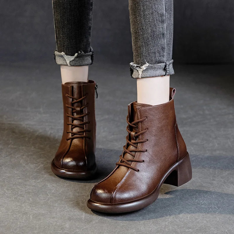 DRKANOL Women Thick Heel Ankle Boots Winter Plush Warm Casual Short Boots Ladies Real Cowhide Retro Style Zipper High Top Shoes