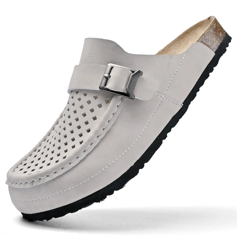 STRONGSHEN Men Half Slippers Summer Casual Fashion Mens Genuine Leather Sandals Breathable Slip on Soft Sole Shoes Moccasins