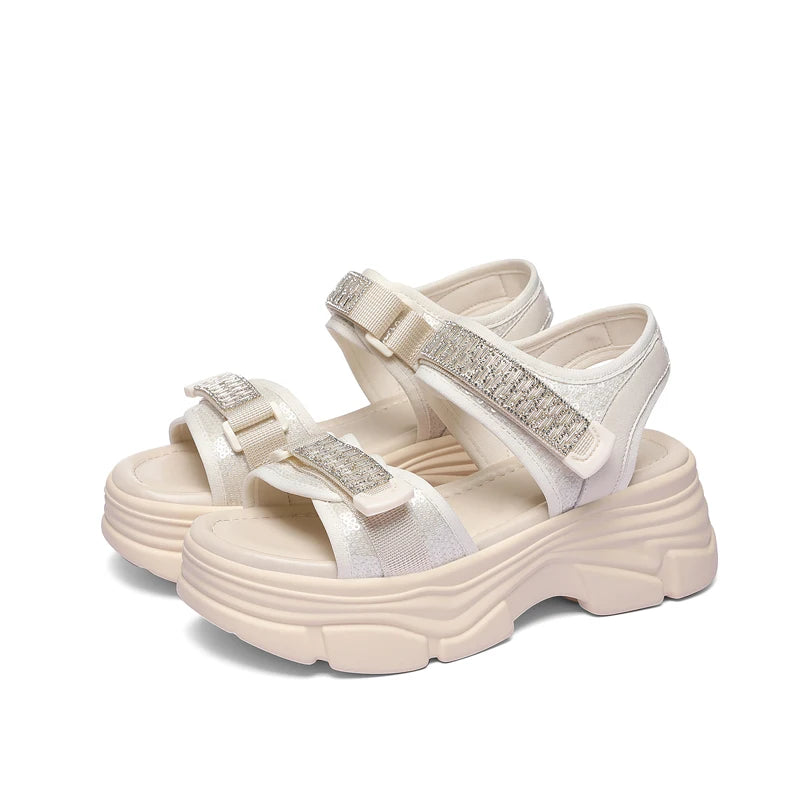 Autuspin 4.5cm Thick Bottom Women Rome Sandals Summer Fashion Ladies Leisure Ankle Wrap Shoes Woman Genuine Leather Bling Flats