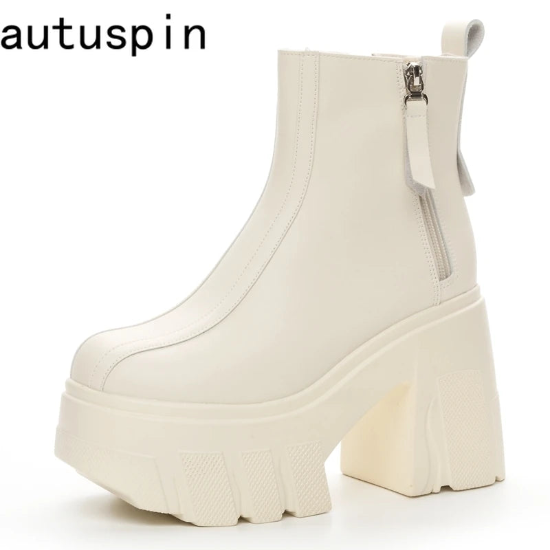 Autuspin 11cm Super High Thick Heels Pumps Women Fashion Sexy Ankle Boots Genuine Leather Side Zipper Ladies Shoes Party Tide