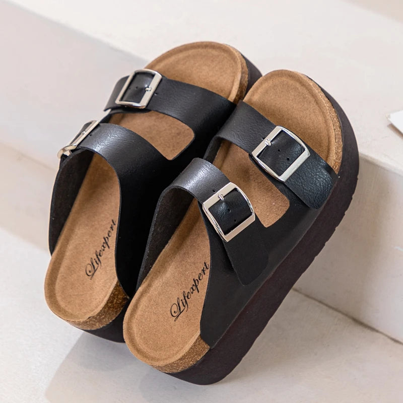 AUTUSPIN 7cm Women High Heeled Slippers Summer Beach Casual Shoes Ladies Ins Fashion Soft Leather Buckle Sandals Shoes Woman