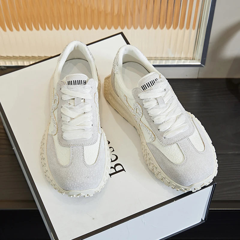 AUTUSPIN Women's Summer Shoes Fashion Genuine Leather Ladies Casual Sneakers Outdoor Non-slip Leisure Students Shoes Lace-up