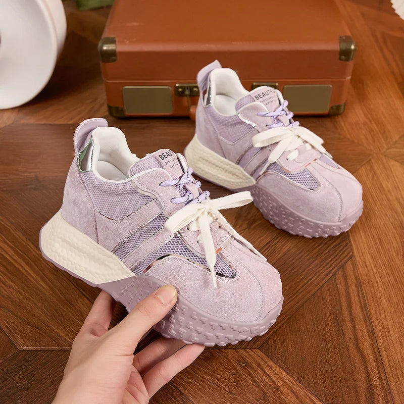 AUTUSPIN Summer Sneakers for Women 2025 Street Style Breathable Mesh Sports Training Shoes Female Spilcing Leather Lace-up Shoes