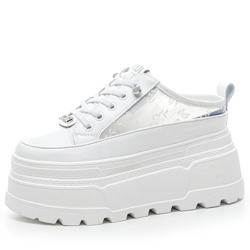 AUTUSPIN 8cm Women Lace Shoes Summer White Cover Toe Slippers High Platform Ladies Casual Sports Sneakers Fashion Sandals Woman