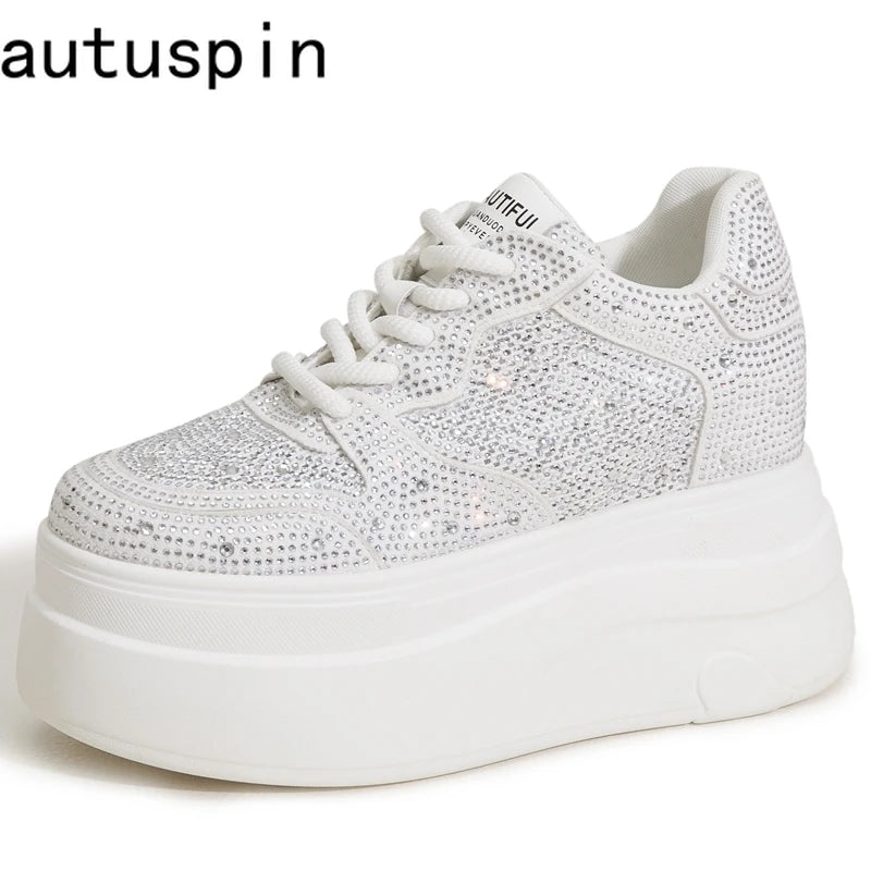 AUTUSPIN 10cm Women White Shoes Full Rhinestones Ladies Shiny Casual Shoes Fashion High Platform Wedges Chunky Sneakers Casual