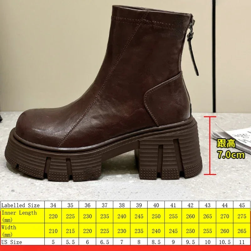 Fujin 7cm Genuine Leather Spring Round Toe Shoes Motorcycle Boots Women Ladies Fashion Chimney Autumn Moccasins Ankle Booties