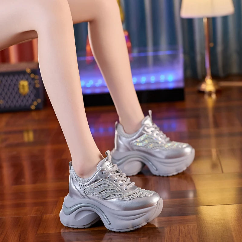Autuspin 8cm Platform Mesh Women Crystal Shoes Summer Autumn Breathable Genuine Leather Sneaker Female Outdoor Leisure Shoes