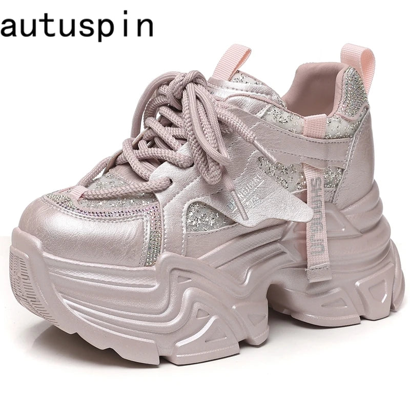 AUTUSPIN 8cm Pink Thick Bottom Shoes for Women Spring Summer Rhinestones Chunky Platform Sneakers Woman Outdoor Tide Fashion