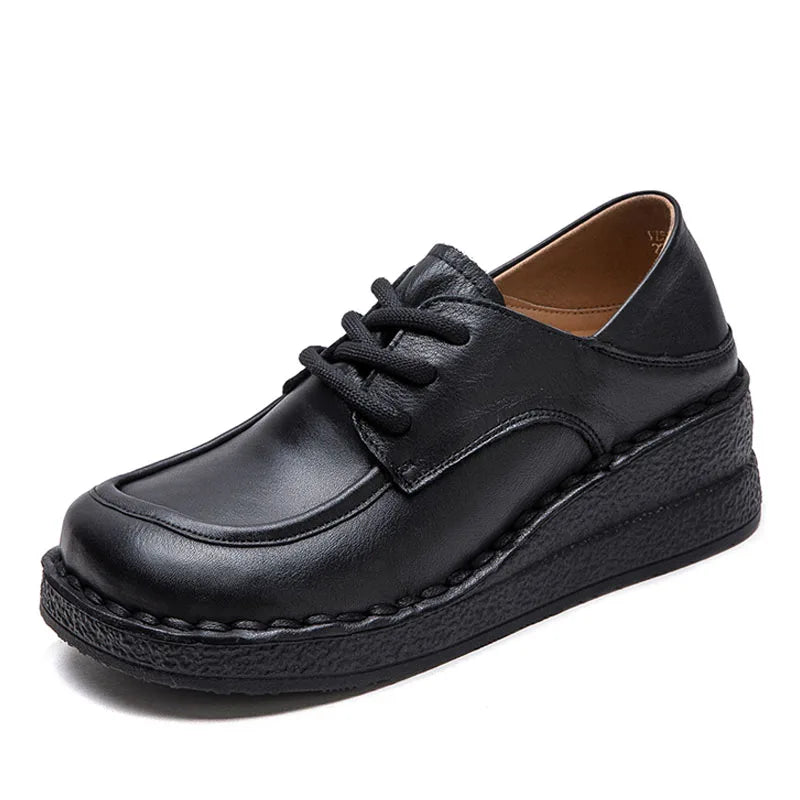 DRKANOL 2025 Spring Handmade Retro Women Wedges Shoes Quality Genuine Cow Leather Round Toe Lace-Up Comfort Casual Single Shoes