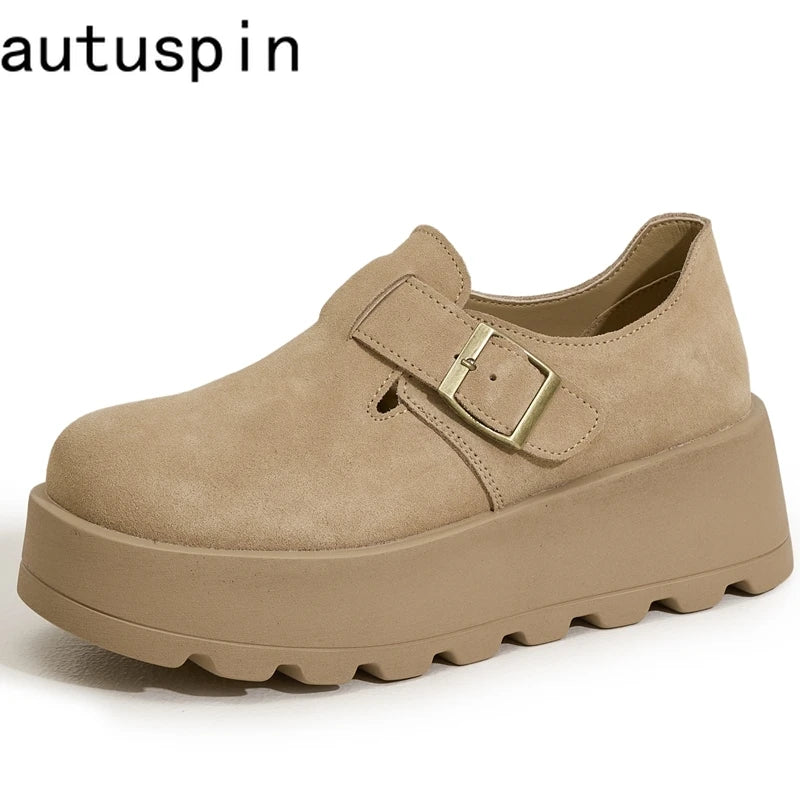 AUTUSPIN Women's Loafers Classic Soft Leather Platform Wedges Shoes 2025 Spring Autumn Buckle Round Toe Female Footwear Woman