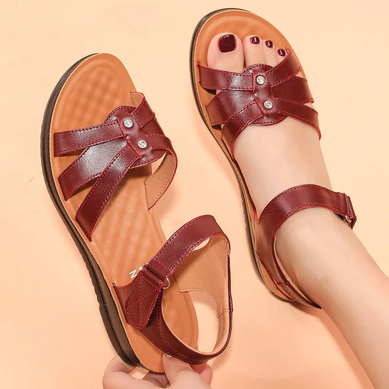 WOIZGIC Women's Female Ladies Mother Genuine Leather Sandals Platform Shoes Non Slip Summer Cool Beach Hook Loop Plus Size 42 43