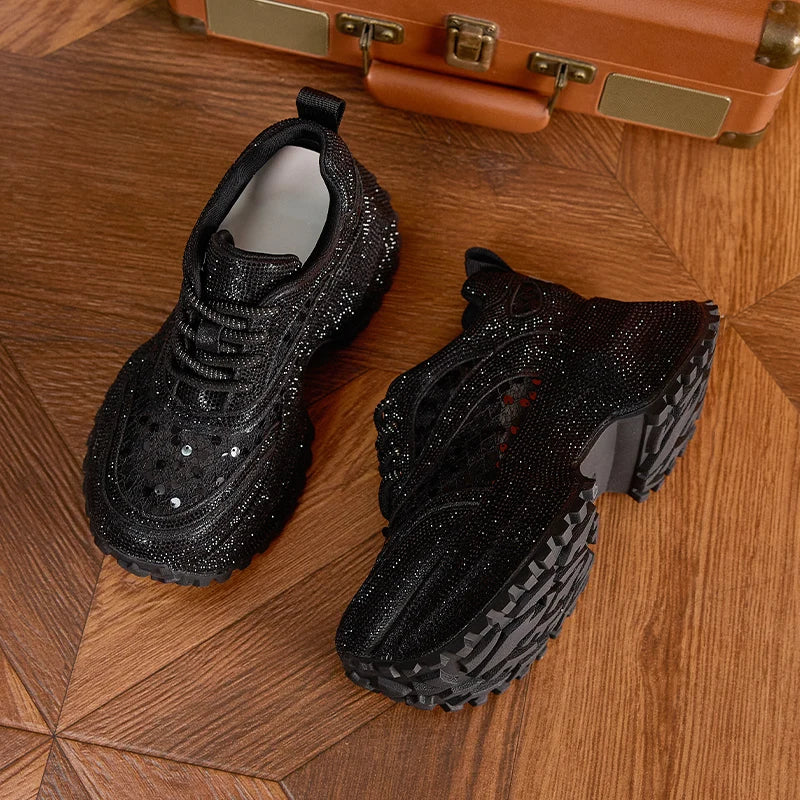 AUTUSPIN 7.5cm Thick Soled Women Shoes Summer Fashion Lace Spilcing Leather Chunky Sneakers Street Style Tide Crystal Shoes