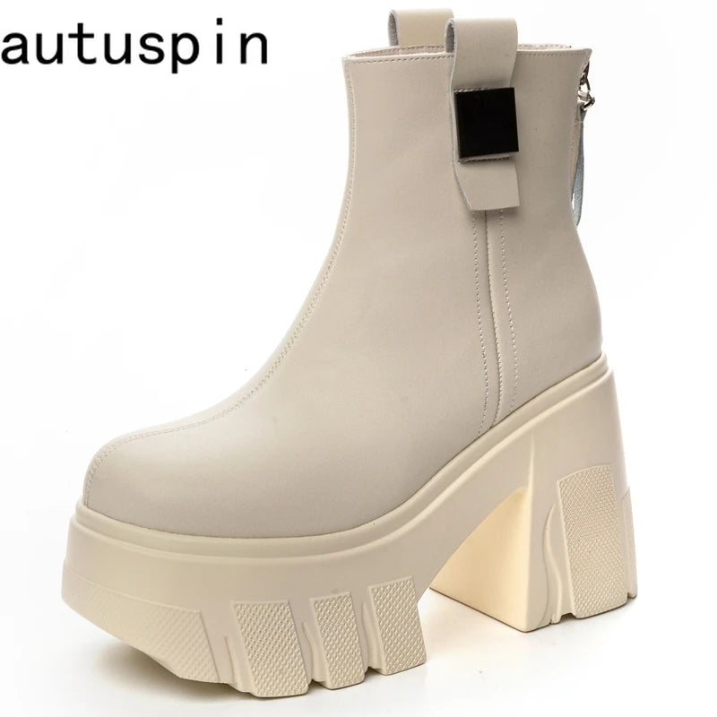 Autuspin 11cm High Platform Thick Heels Women Sexy Mature Nightclub Ankle Boots Ladies Split Leather Woman Fashion Shoes Booties