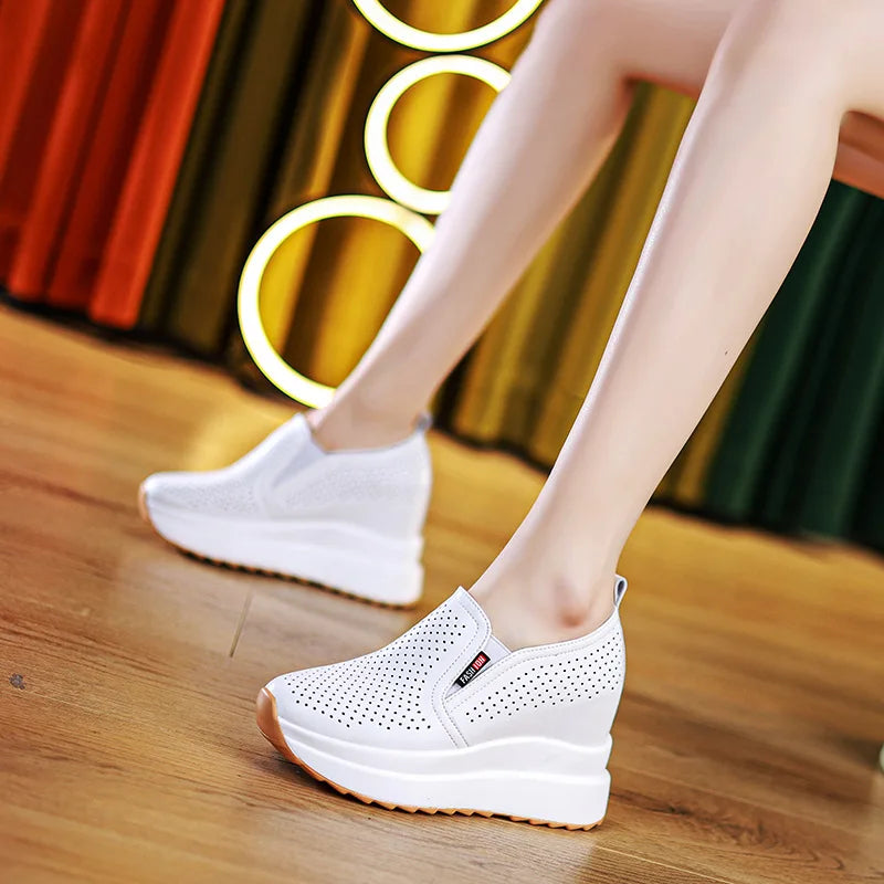 Fujin 10cm Women Summer Breathable Casual Sandals Platform Wedge Fashion Ins White Genuine Leather Chunky Sneaker Hollow Shoes