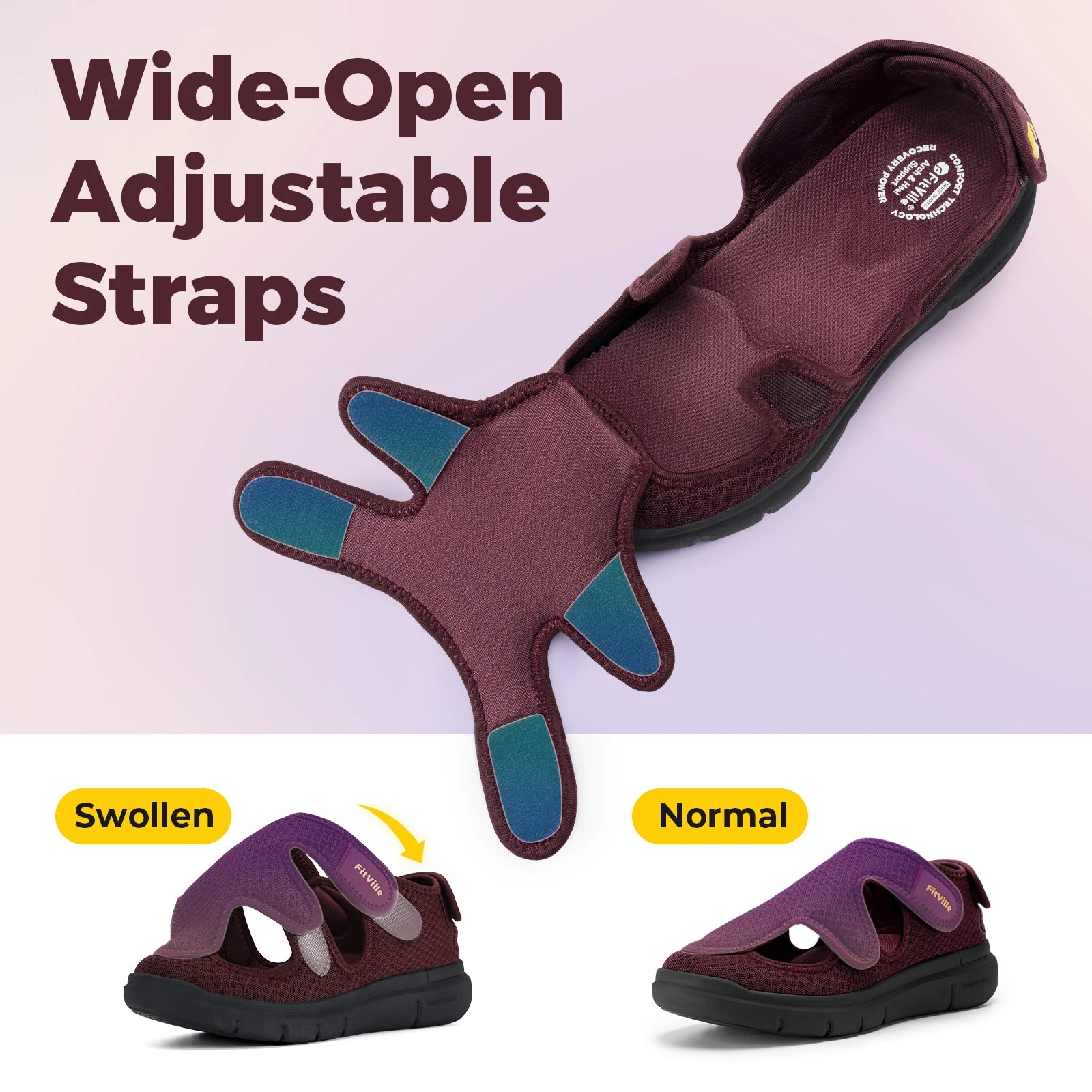 FitVille Women's Sandal Extra Wide Width Swollen Feet Walking Shoes with Adjustable Strap for Plantar Fasciitis Indoors Outdoors