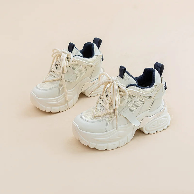 Fujin 10cm Air Mesh Genuine Leather Platform Wedge Sneakers Hidden Heels Chunky Sneakers Female Summer Women's Vulcanize Shoes