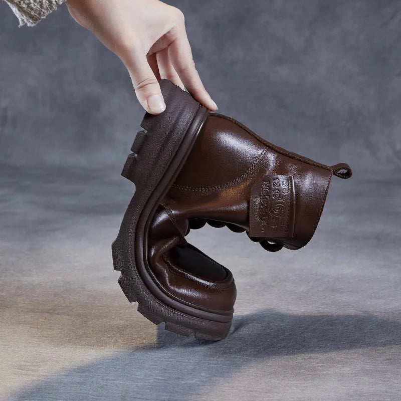 DRKANOL 2025 British Style Women Genuine Cow Leather Ankle Boots Autumn Winter Warm Thick Heel Platform Retro Casual Short Boots