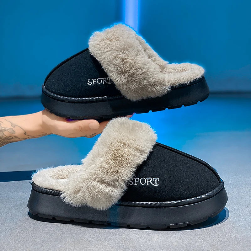 STRONGSHEN Men Fluffy Slippers Thick Sole Winter Warm Shoes For Couples Soft Fur Keep Warm Female Outdoor Fur Fuzzy Flat Shoes