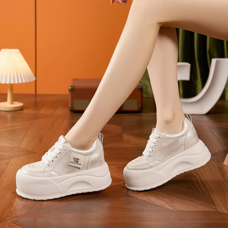 AUTUSPIN 7cm Retro Skateboarding Shoes Women Summer New Arrival Synthetic Leather Sports Sneakers Leisure Platform Walking Shoes