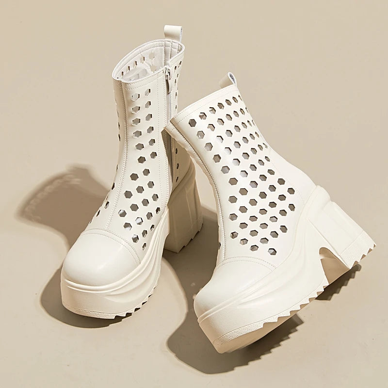 Autuspin 10cm Women Summer Short Boot Fashion Hollow Genuine Leather Thick High Heels Ladies Round Toe Ankle Boots Shoes Woman
