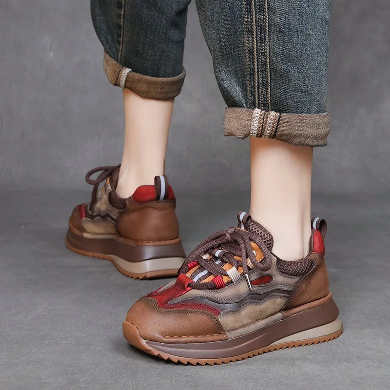 DRKANOL Fashion Women Casual Sneakers Spring Autumn Mixed Colors Genuine Cow Leather Thick Sole Chunky Platform Retro Shoes Lady