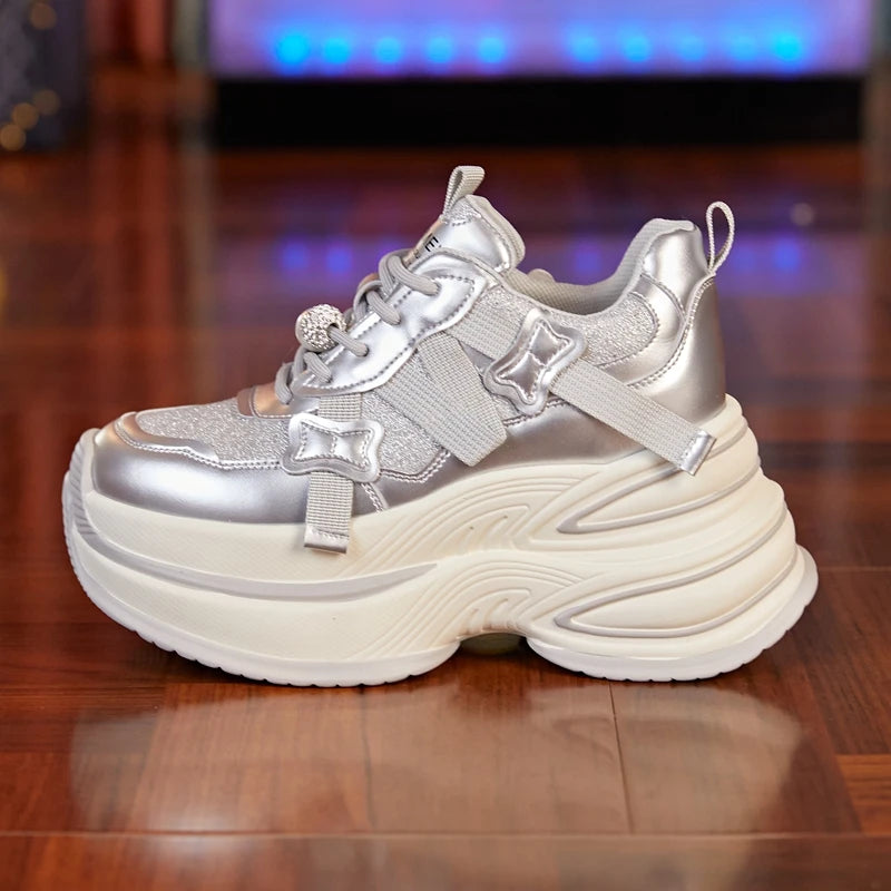 AUTUSPIN 8cm Genuine Leather Bling Shoes for Women Autumn Winter Thick Platform Fashion Sneakers Chunky Walking Shoes Female