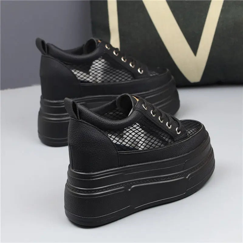 Fujin 10cm 12cm 14cm Air Mesh Leather Breathable Pumps Summer Fashion Chunky Sneaker Heels Sandals Platform Wedge Hollow Shoes